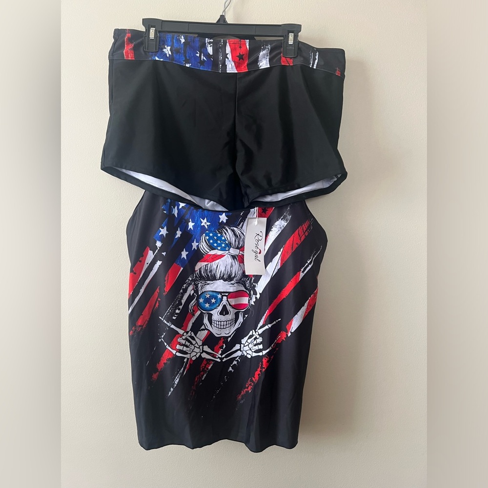 Rosegal swimsuit two piece tank shorts USA skeleton flag‎ women’s 2X 3X new